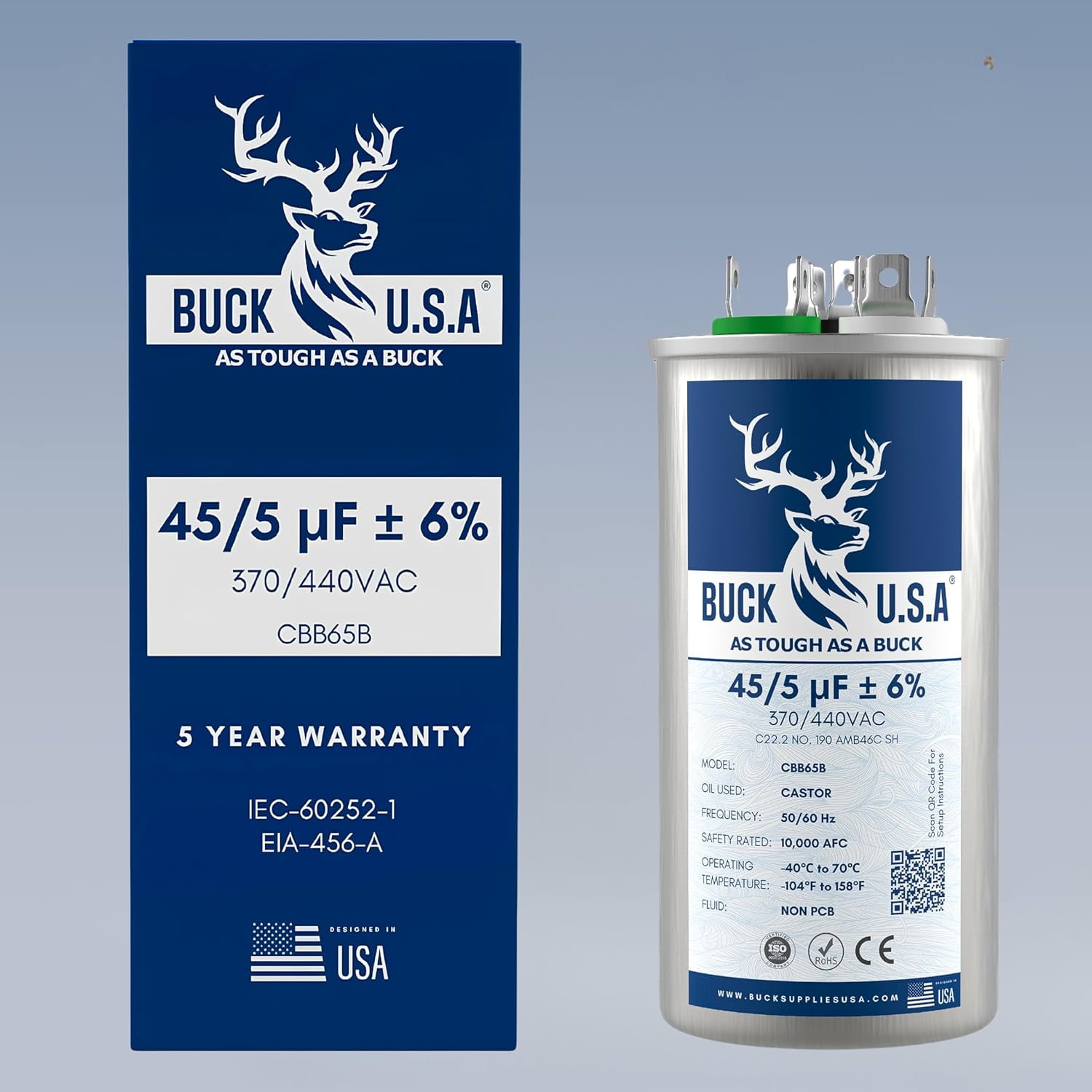 Buck 45+5uF 45/5 MFD ±6% CBB65B Dual Run Round Start Capacitor - Ideal for HVAC Systems, Air Conditioner Unit Fan Motor Start, Heat Pump, & Condenser Straight Cool Applications 370/440VAC 50/60Hz