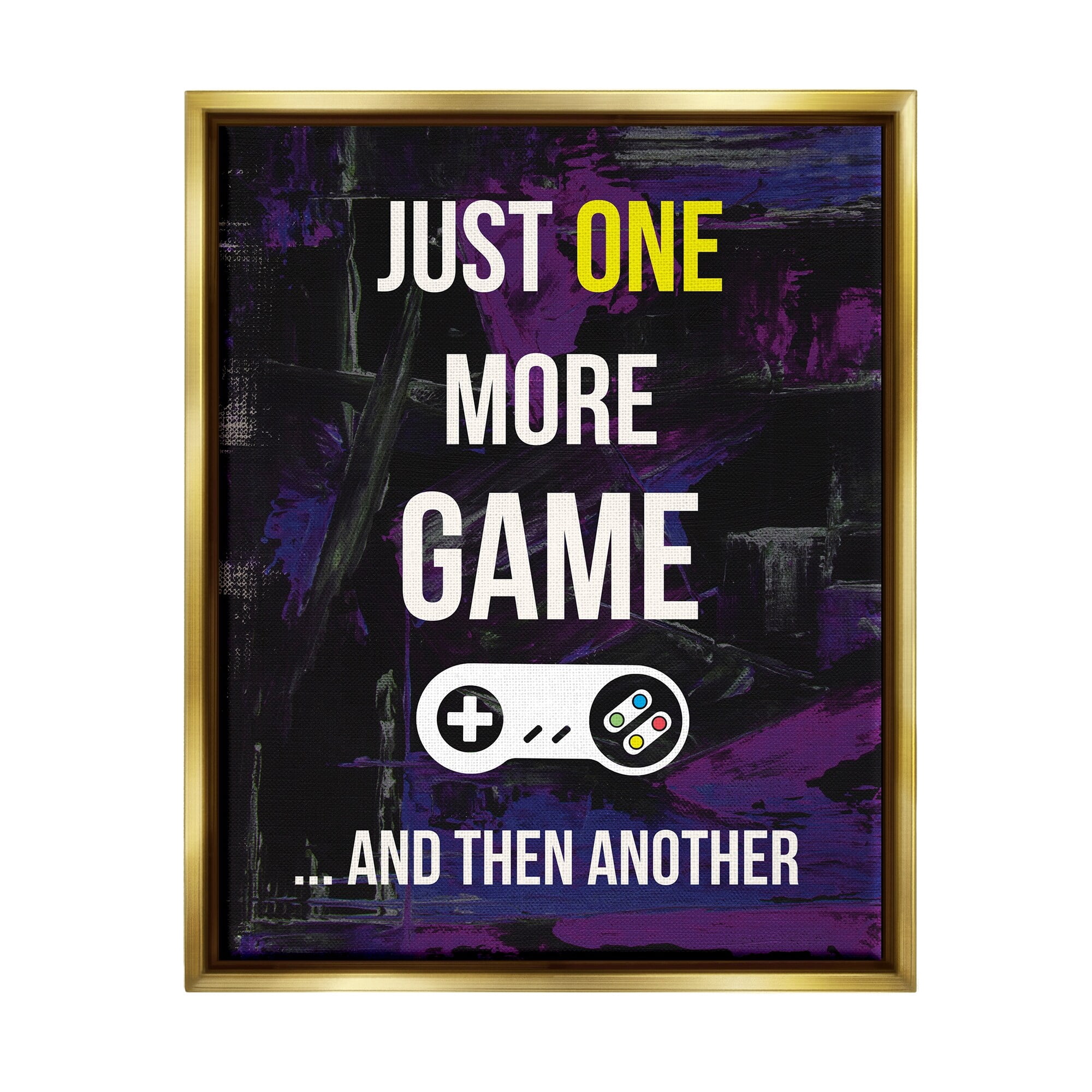 Stupell Industries One More Game Video Gamer Controller Text Sign Graphic Art Metallic Gold Floating Framed Canvas Print Wall Art, Design by Annie Warren