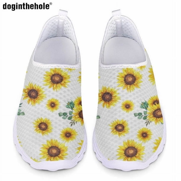 Doginthehole Zapatos planos clásicos e informales para mujer, zapatos de enfermera con diseño de girasol y flores, cómodos y transpirables de malla para verano