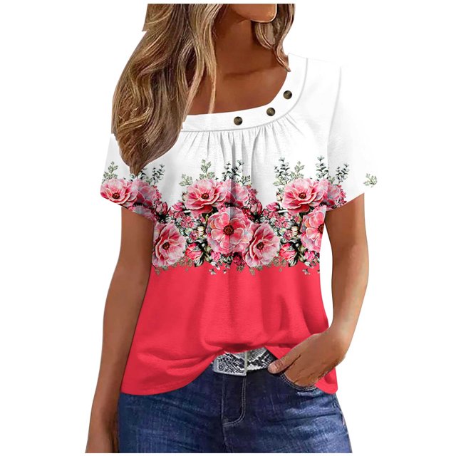 Fiudx Camisetas para Mujer Camiseta Plisada de Manga Corta con Cuello Estampado para Mujer