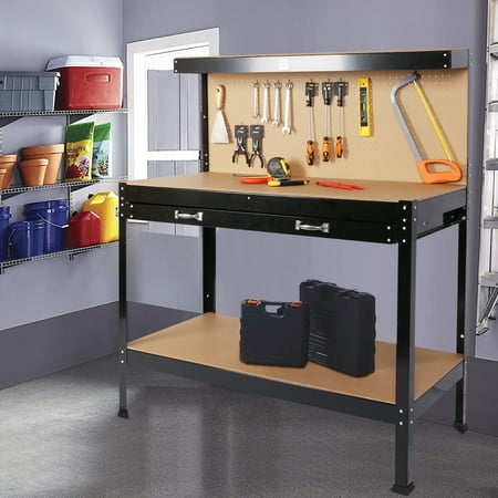 

Work Benches for Garage Shop Garden Work Benches Work Station Tools Table with Peg Board and Drawers Black