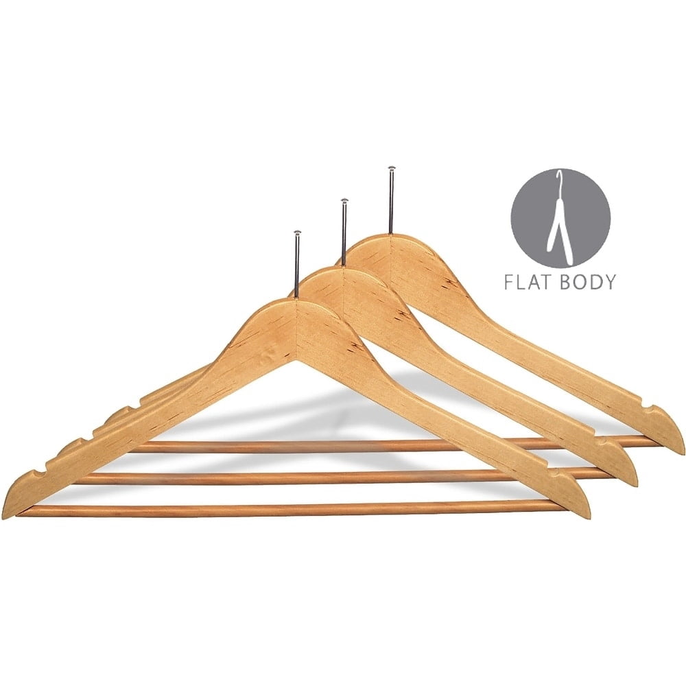 Flat Anti-Theft Sui Hanger with Walnut Finish and P-Nail, (Box of 50) Security Hangers with Solid Wood Bar for Retail and Hospitality