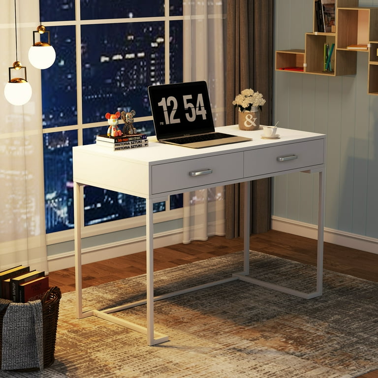 Catrimown Computer Desk with 4 Storage Drawers and Shelves, White Farmhouse  Office Desk for Bedroom Teens Writing Desk, Executive Desks for Home