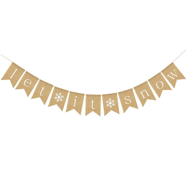 GOOHOCHY Navidad Let It Snow Letters Bunting Banner Decoración Copos de nieve Patrón Lino Arpillera Banner Swallowtail Pull Flag Suministros para fiestas
