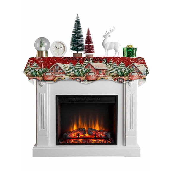 Red Christmas Mantel Scarf Fireplace Decorations for Living Room, Winter Vintage Farmhouse Xmas Tree Truck Fireplace Mantel Scarf Cover Runner for Halloween/Thanksgiving/Christmas Decor 60"x17"
