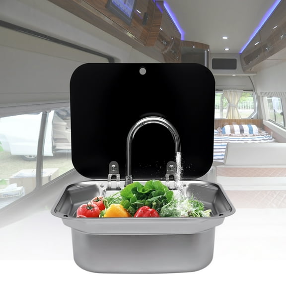 YIYIBYUS RV Caravan Hand Wash Basin Sink Single Bowl Kitchen Sink for Boat Camper Trailer Van Stainl with Folded Faucet & Tempered Glass Lid
