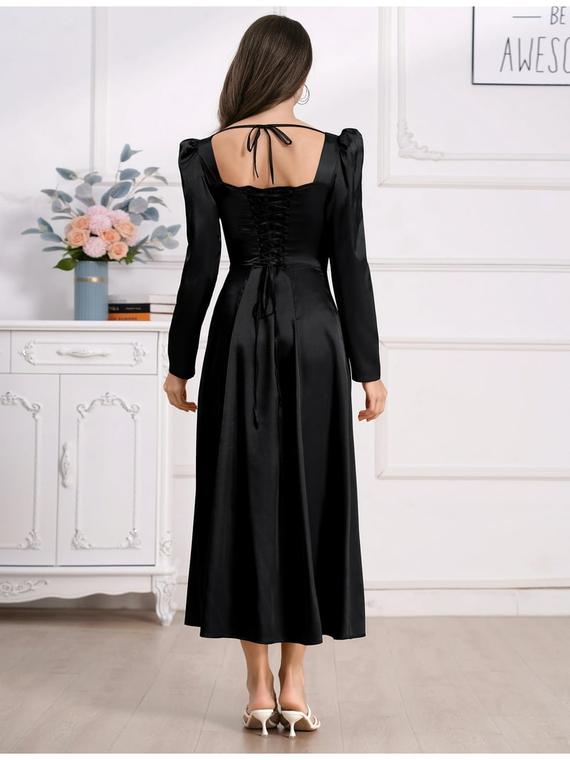 IDOPIP Women's Fall Floral Corset Dress Long Sleeve Satin Maxi Dress  Elegant Wedding Guest Dresses - Walmart.com