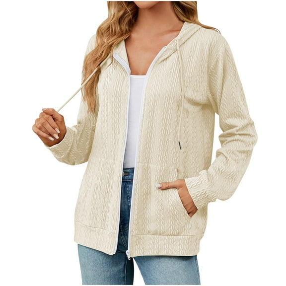 Lovskoo Women's Zipper Sweatshirt Hoodie with Pocket Long Sleeve Loose Jacket Outerwear Coat Beige