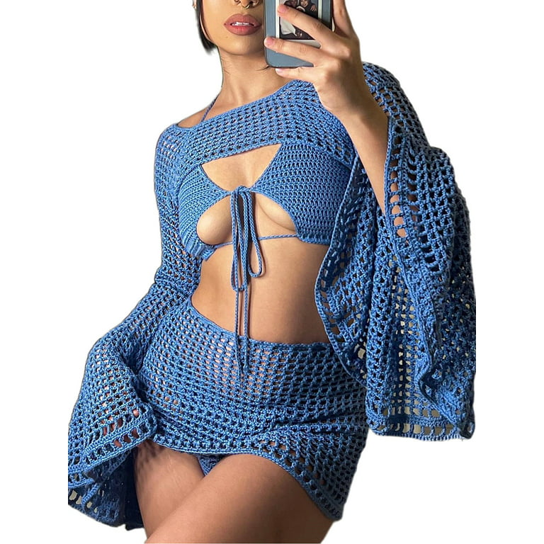 Coduop Women Crochet Skirt Sets 3 Piece Outfit Knit Cover Up Crop Top Mini  Skirt Set,Three Piece