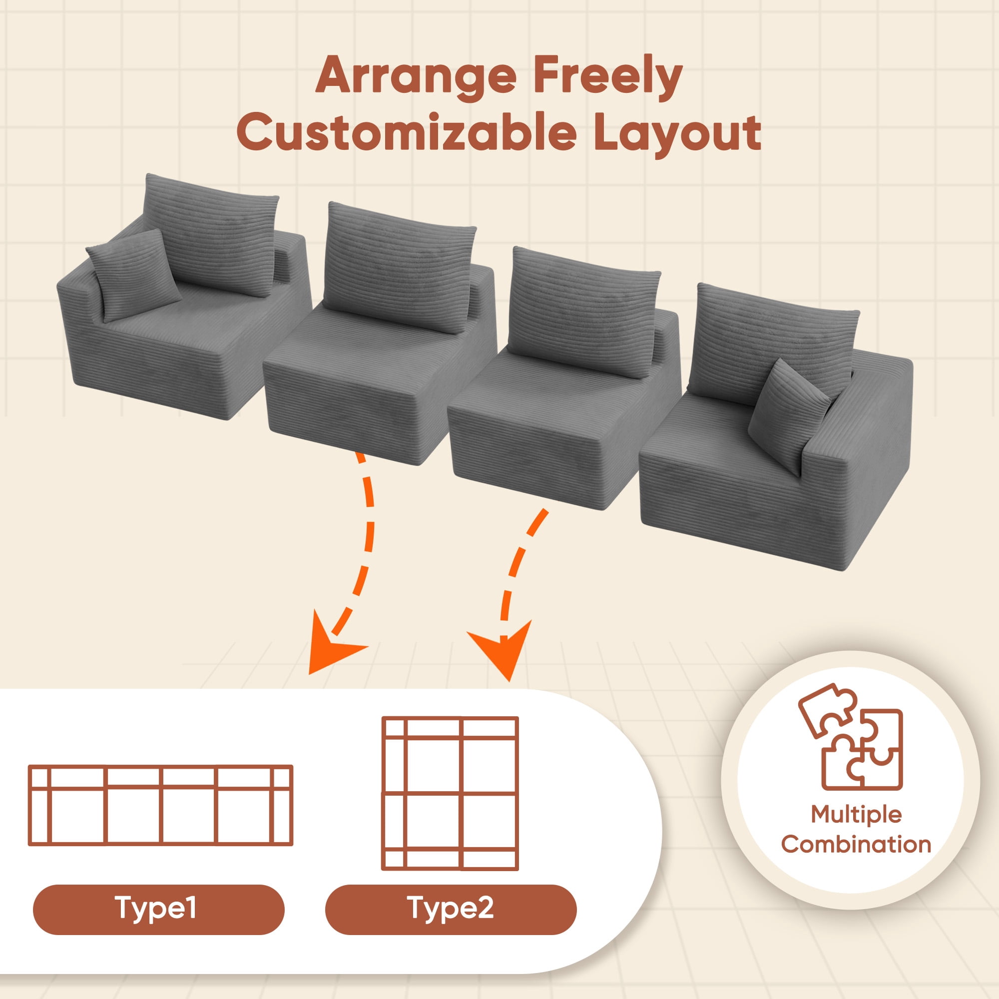 Homall 4-Seat Modular Corduroy Sofa, Sectional Couch with Convertible Modules, Modern Minimalist Sofa Set for Living Room, Freely Combinable Sofa Furniture, Grey