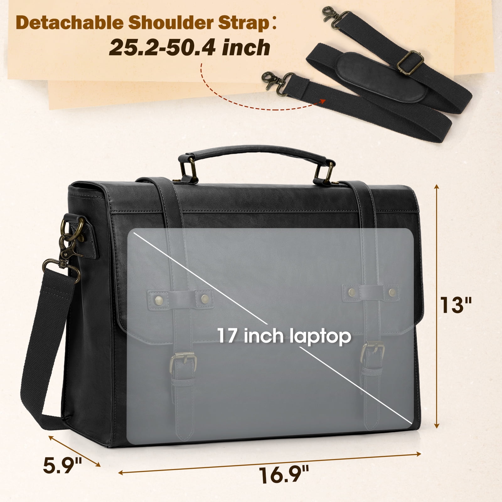 RAINSMORE Mens Messenger Bag 17 Inch Waterproof Vintage Leather Laptop Briefcase Satchel Bag Computer Shoulder Bag Large Laptop Bag for Office Business Travel College,Black