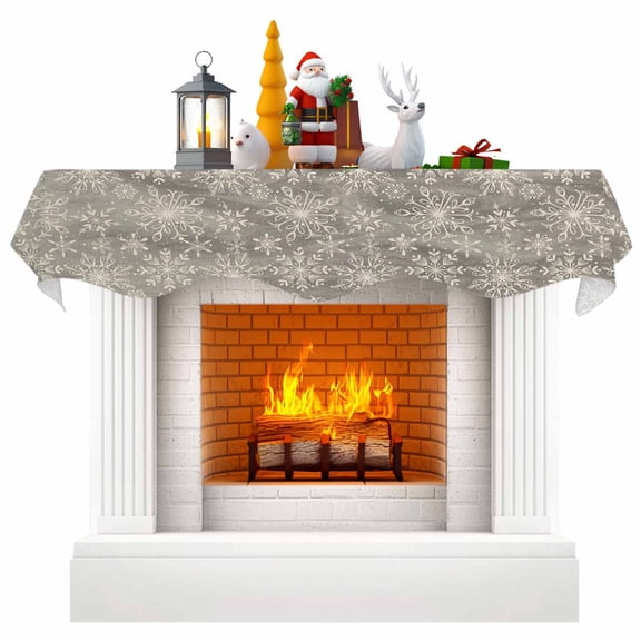 Grey Christmas Fireplace Mantle Scarf, Vintage Winter Snowflakes Patterned Mantel Cover Table Runner for Home Living Room Door Window, Indoor Outdoor Holiday Party Decor 17" x 60"