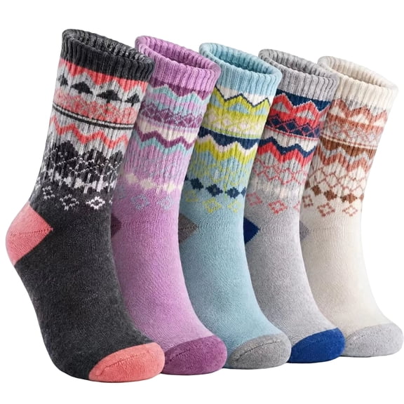 Womens 5 Pair Fleece Blend Mid Calf Socks Fair Isle Dog Pattern Winter Knit Crew Socks Breathable Warm Slouch Socks