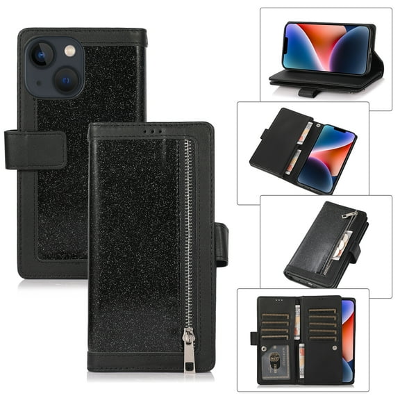 Feishell Sparkle Case For iPhone 15 Plus, Women Wallet with Card Holder, Glitter Bling Flip PU Leather Magnetic Kickstand Zipper Purse Case Wrist Strap For iPhone 15 Plus, Black