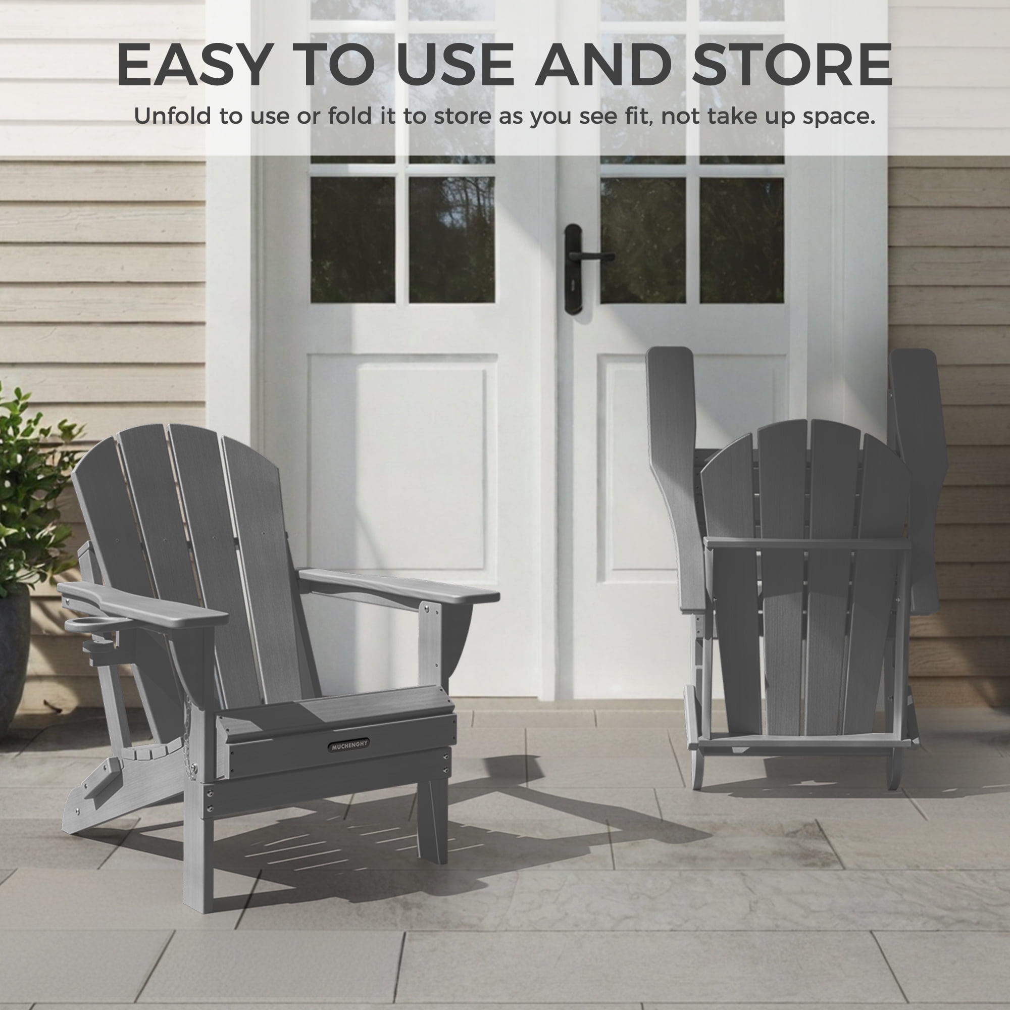 Folding Adirondack Chair Outdoor Fire Pit Chairs with Cup Holder Patio Poolside Garden Gray