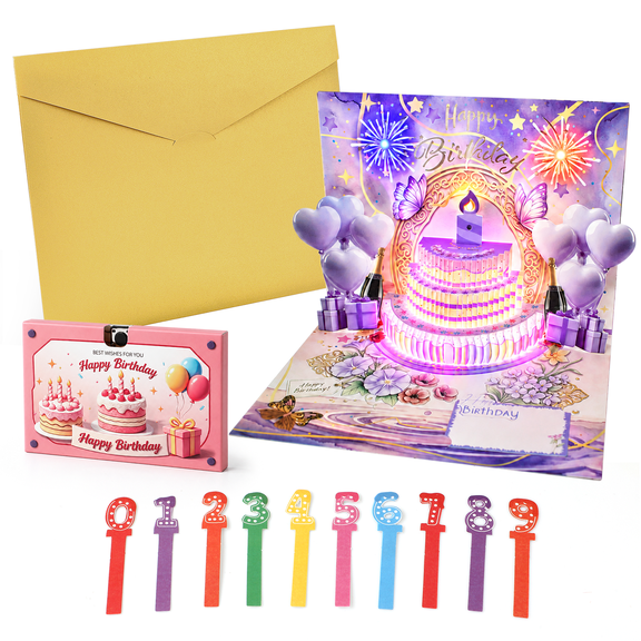 Birthday Card with Music and LED Light, 3D Pop-Up Happy Birthday Creative Greeting Card Gift for Men, Women, Kids and Girlfriend