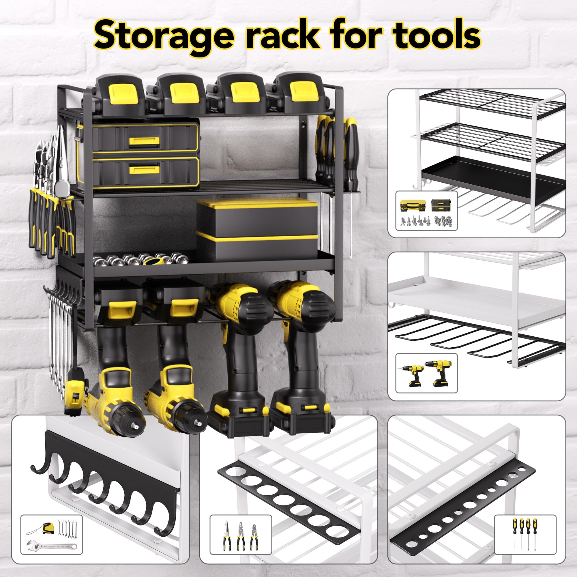 Heavy Duty Power Tool Organizer 400LB Capacity - Metal 4-Tier Wall Mount Garage Tool Storage with Drill Holder, Screwdriver & Pliers Rack, Black