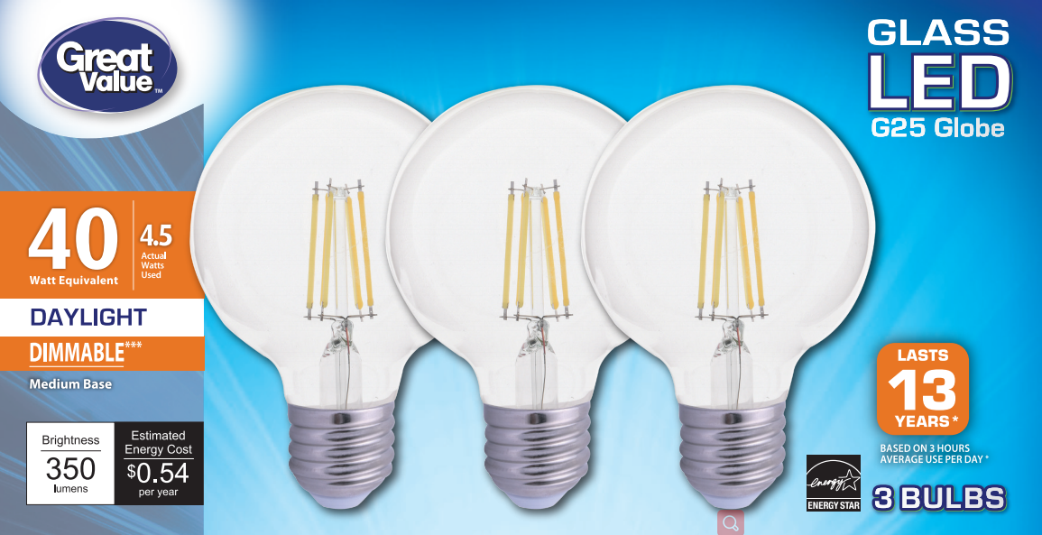 Great Value Led G25 4.5W Clear Light bulb Daylight 40w Eqv. E26, 3 Pack