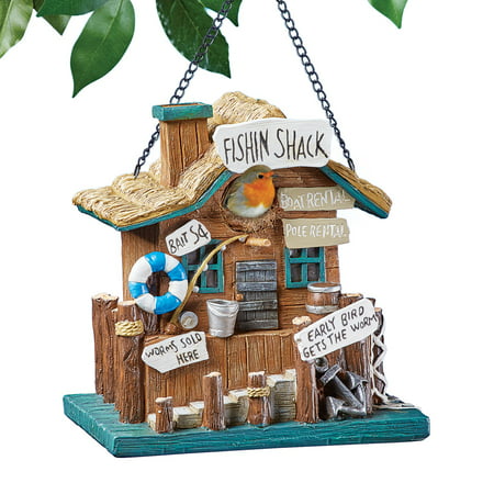 Beach-Style Fishin Shack Hanging Birdhouse with Hook and Chain for Easy Hanging - Outdoor Decorative Accent for Bird (Best Birdhouse For Bluebirds)