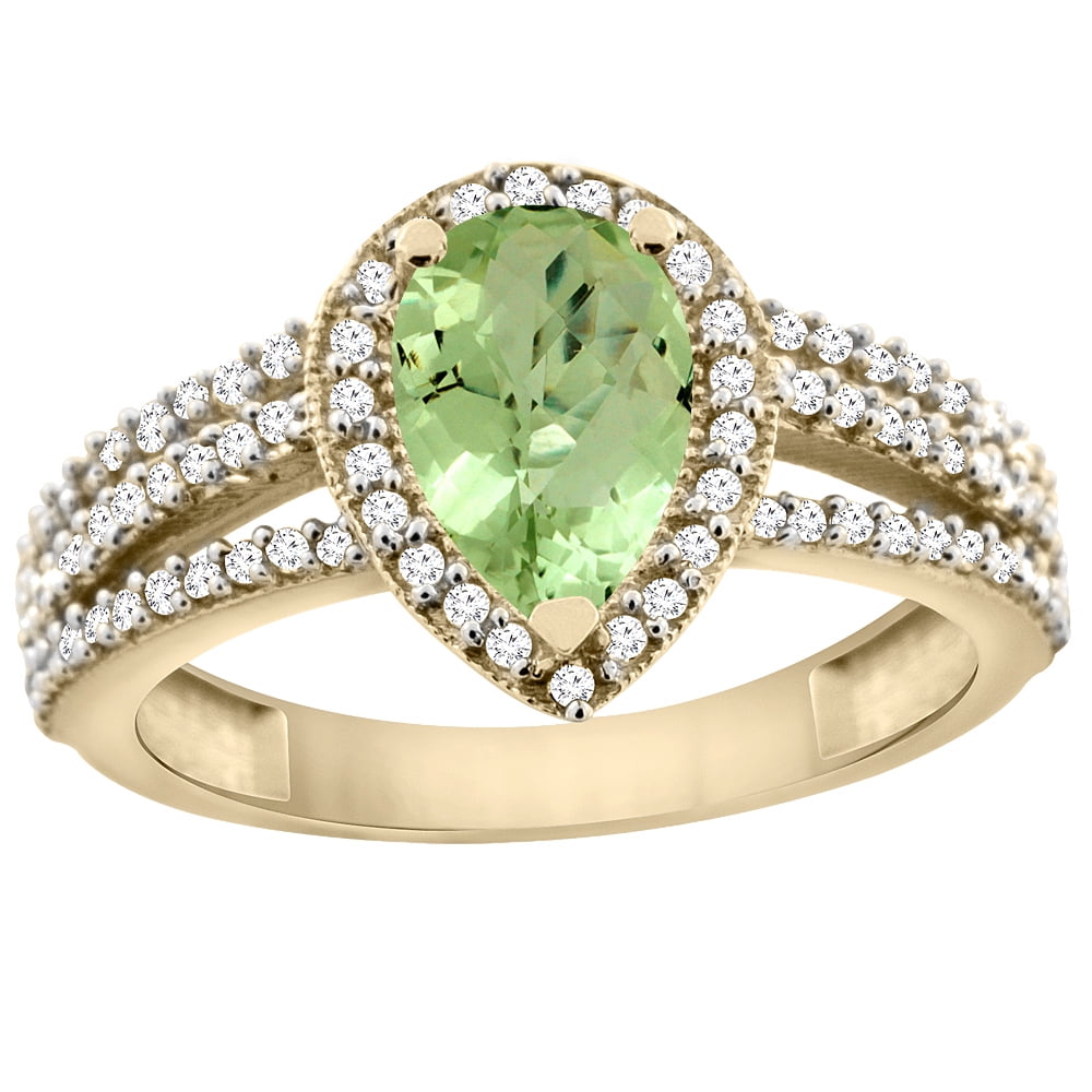 14K Yellow Gold Natural Peridot Ring 9x7 Pear Halo Diamond, size 5 by Gabriella Gold