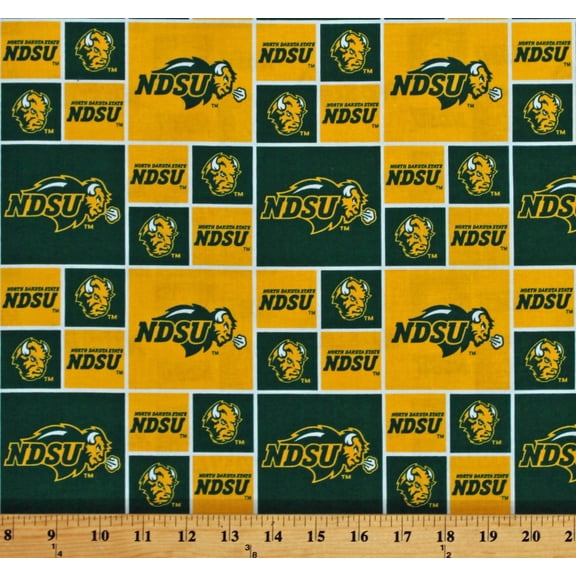 Cotton North Dakota State University Bison Green Yellow Squares College Sports Team Cotton Fabric Print by the Yard (NDSU-020)