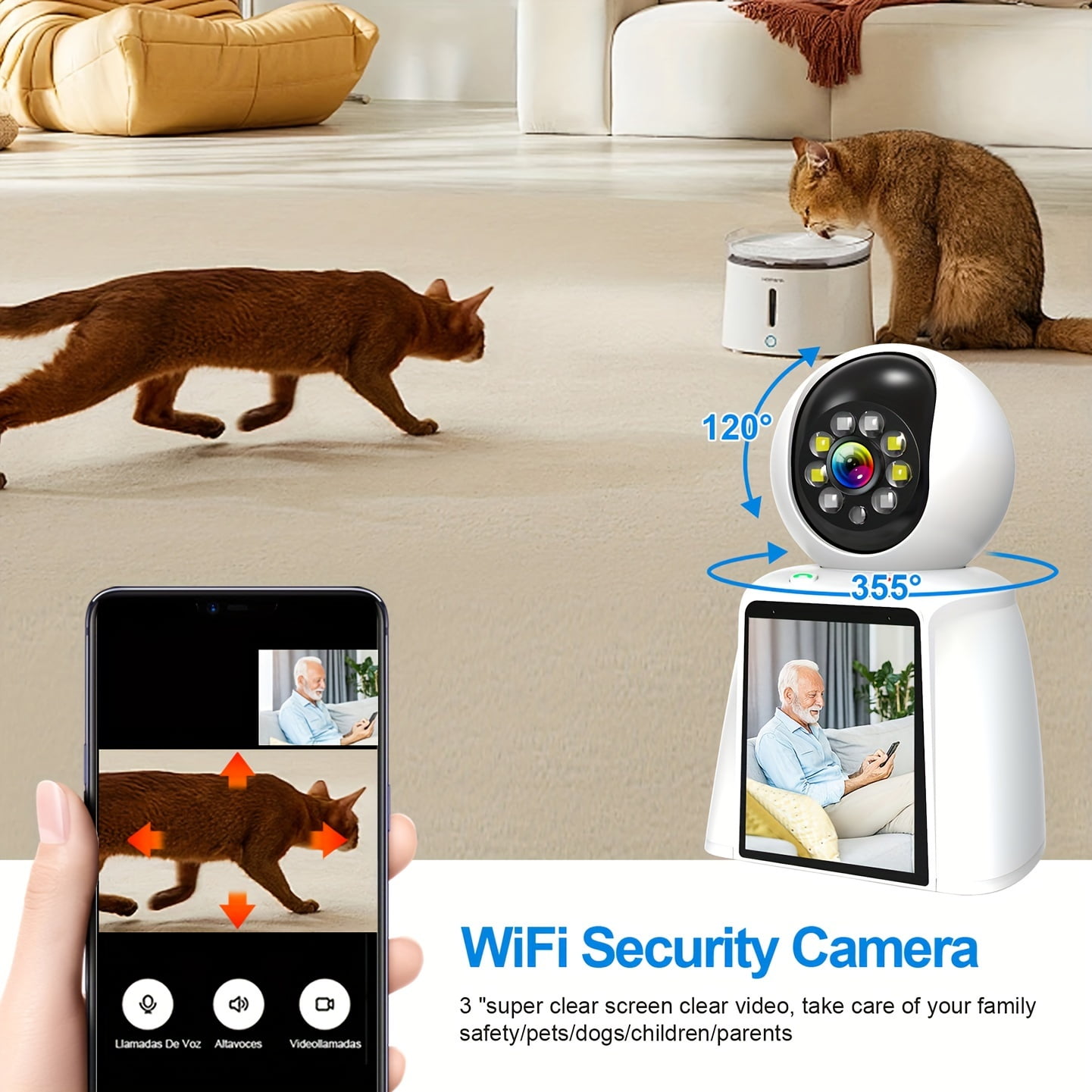 Smart Pet Camera with 3 Inch Screen, WiFi Baby Monitor for Home Security Indoor, 2 Way Talk, Motion Detection, 24/7 Recording, Smartphone App Control