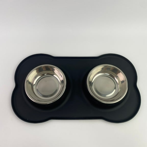 WhimsyHome Pet feeding and drinking bowls, Feeding pad set, stainless steel cat and dog bowl, non slip, 2 cups black