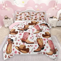 Manfei Cool Western Cowgirl Bedding Comforter Set,Boho Cowboy Boots Twin Comforter Sets,Pink Flower Blossom Bedding Set For Girls Kids,Super Cozy Room Decor Reversible,2-Piece