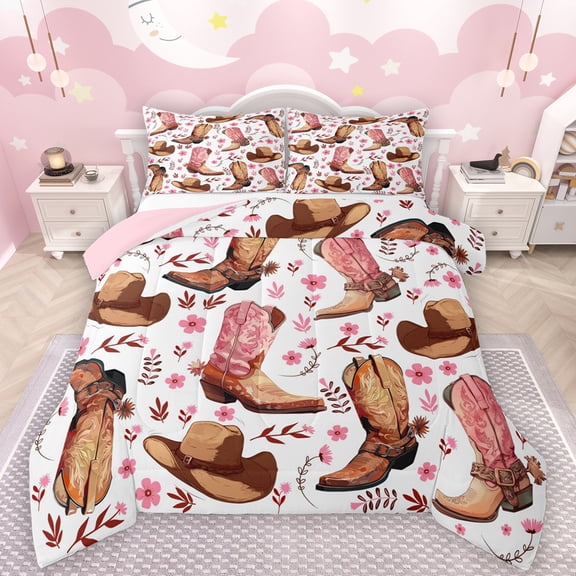 Manfei Cool Western Cowgirl Bedding Comforter Set,Boho Cowboy Boots Twin Comforter Sets,Pink Flower Blossom Bedding Set For Girls Kids,Super Cozy Room Decor Reversible,2-Piece