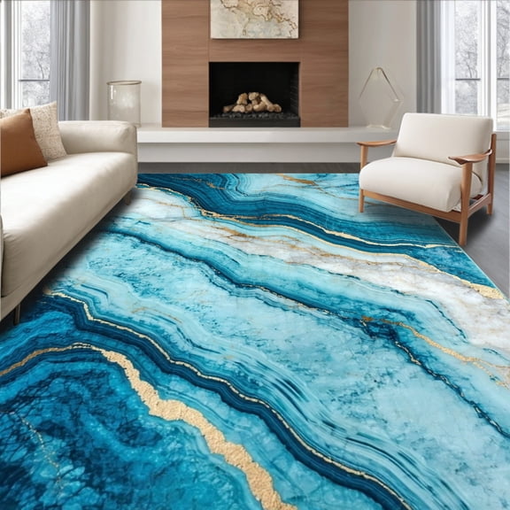 ODIKA 4'x6' Machine Washable Non-Slip Area Rug, Azure Marble Vein Indoor Throw High Traffic Rug, Blue, 217596