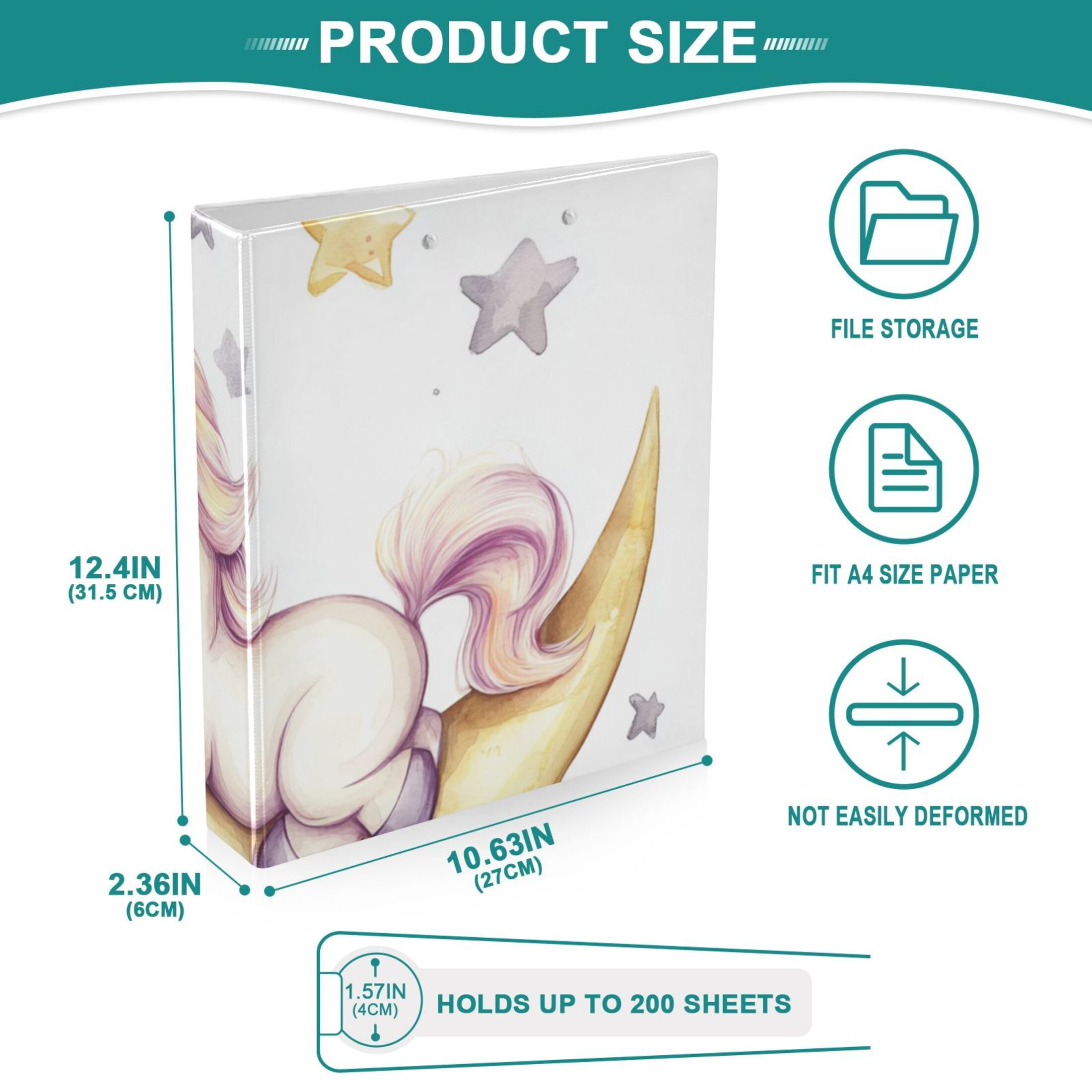 Moon Sleep Unicorn 3 Ring Binders 1.5 inch Hardcover File Folders with Interior Pockets A4 Size Organizer for School Office Hospital