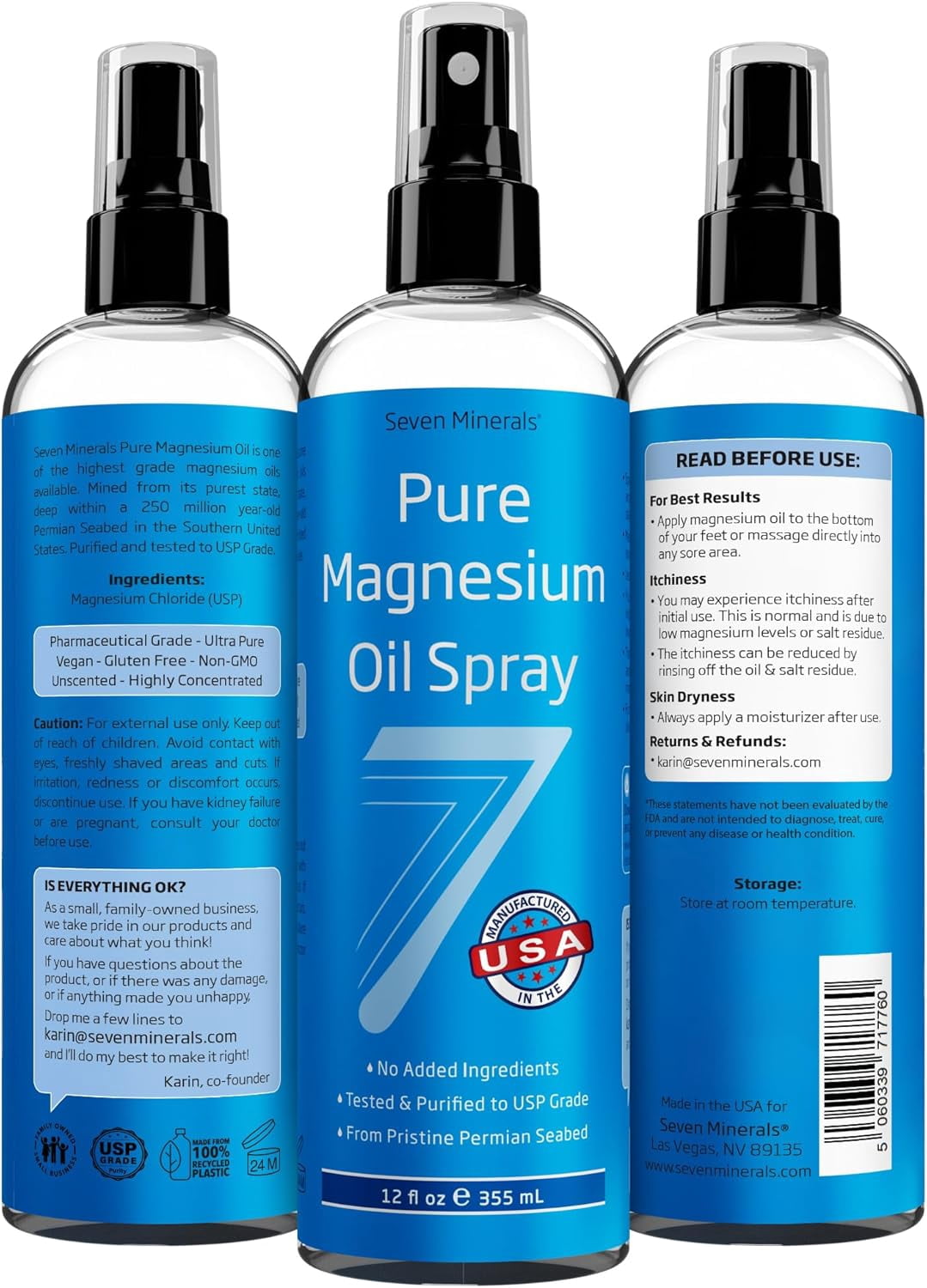 Seven Minerals 100% Pure, USP Grade Magnesium Oil Spray, Big 12 oz Topical Spray (Long-Lasting Use)