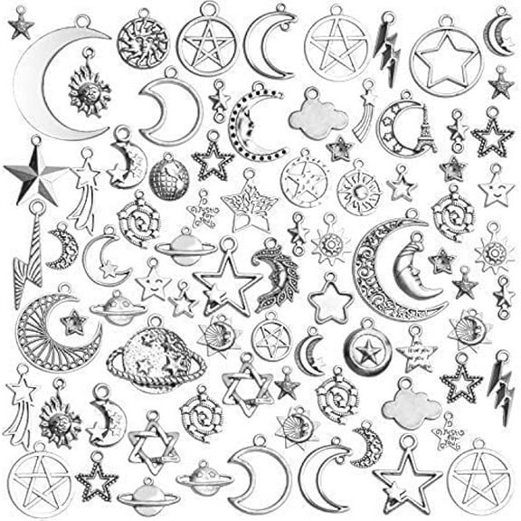 Celestial Pendant Charms, 100 Gram(65-85pcs) Mixed Sun Moon Star Charms Pendants Craft Supplies for Earrings Bracelets Necklaces Crafts Jewelry Making, 5-50mm
