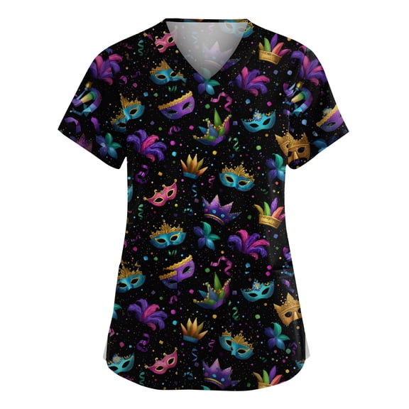 Womens Mardi Gras Scrub Tops Holiday Nurse Uniform Glitter Mask Print V Neck Workwear Scrubs