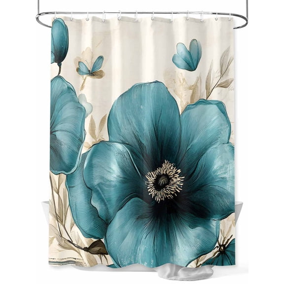 Retro Beige Blue Flowers Shower Curtain, Vintage Background Pastoral Style Waterproof Shower Curtain Set with 12 Hooks Lightweight Washable Fabric Shower Curtains for Bathroom 72x84 Inches