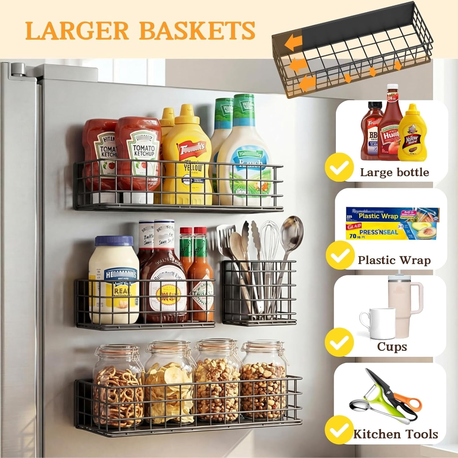 Magnetic Fridge Shelf 4-Pack Metal Strong Magnet Rack Space Saving Spice Organizer Utensil Holder Fruit Potato Onion Storage Bins Black Refrigerator Organizers and Storage