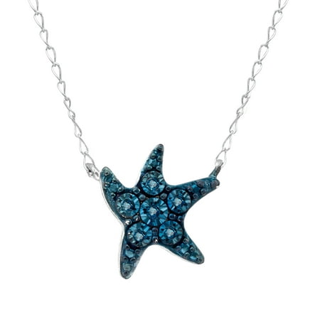 Starfish Pendant Necklace with Blue Diamonds in Sterling Silver