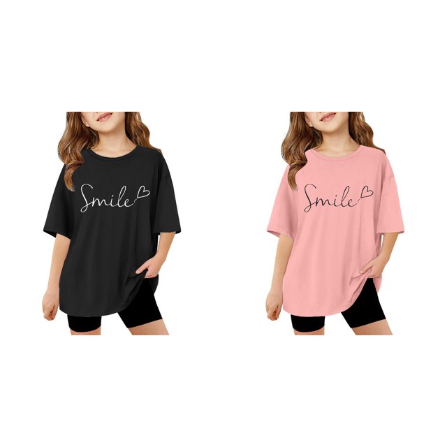 (2-Pack) Rinsvye Kids Short Sleeve Letter Design T Shirt Comfortable Tops And Girls Everyday Wear Durable Lightweight Apparel