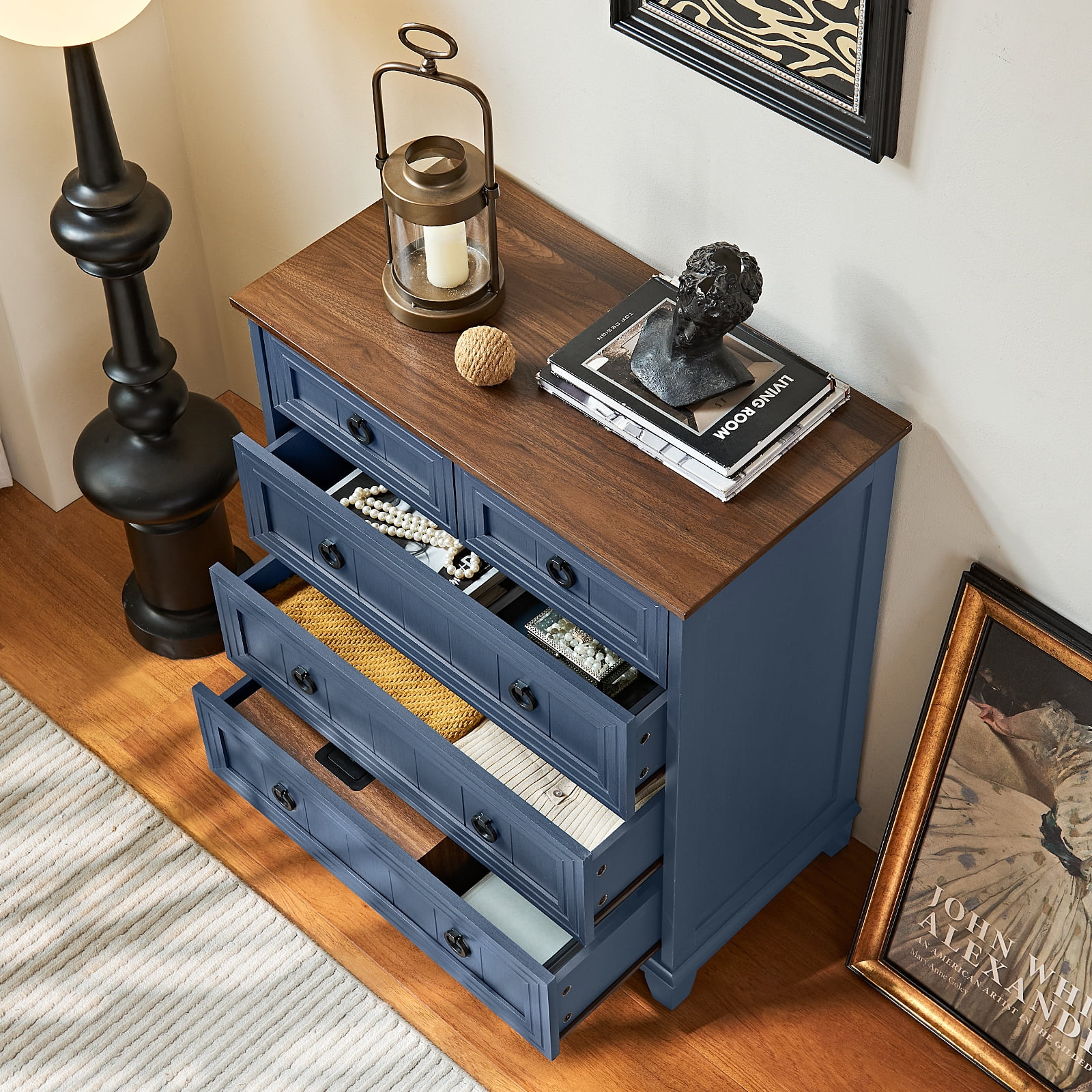 5 Drawer Blue Bedroom Dresser, Modern Vertical Dresser Drawers Wood Organizer for Living Room Entryway Small Spaces