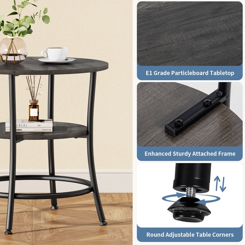 Gianna 2-Tier Round Side Table，Space-Saving End Table for Small Living Room & Bedroom，Wood Grain Gray