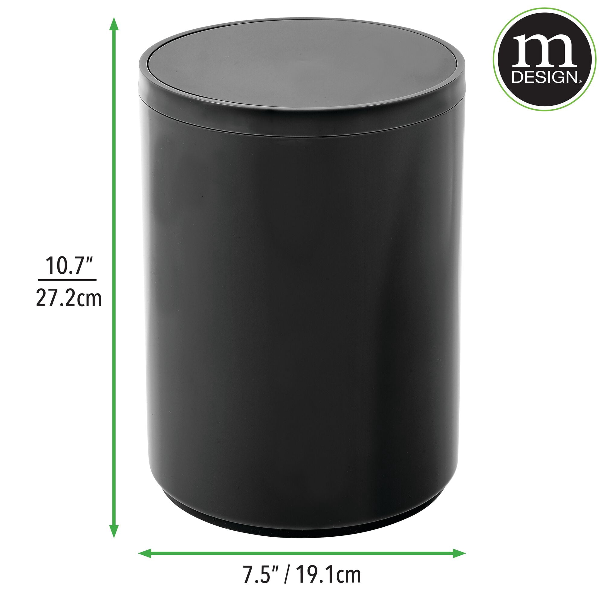 MDesign 1.7 Gallon Small Round Kitchen Plastic Trash Can with Removable Swing, Black
