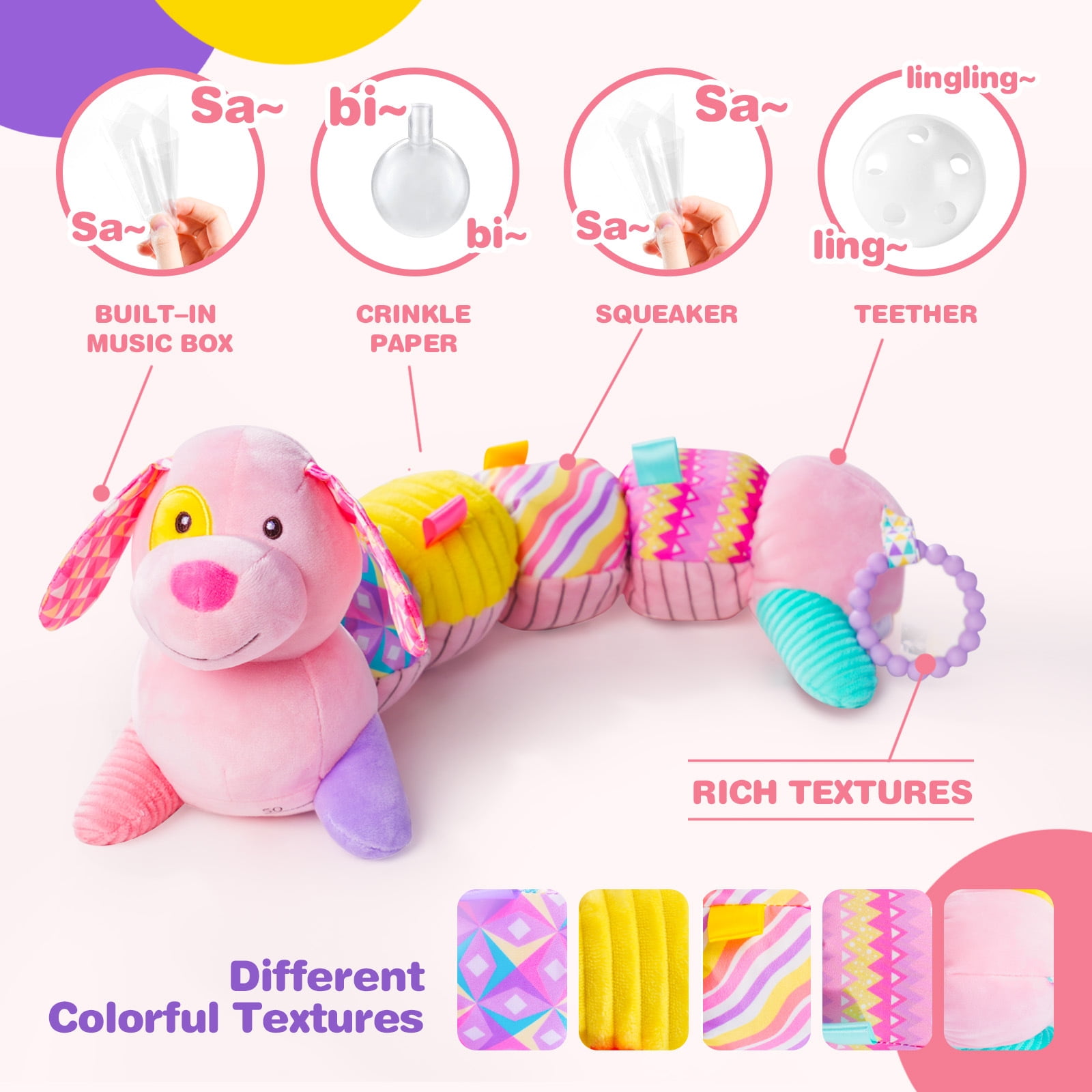 Newborn Baby Toys 0-12 Months - Musical Stuffed Puppy Plush, Multi-Sensory Crinkle Rattles & Textured Design, Tummy Time Early Development Gift for Infant