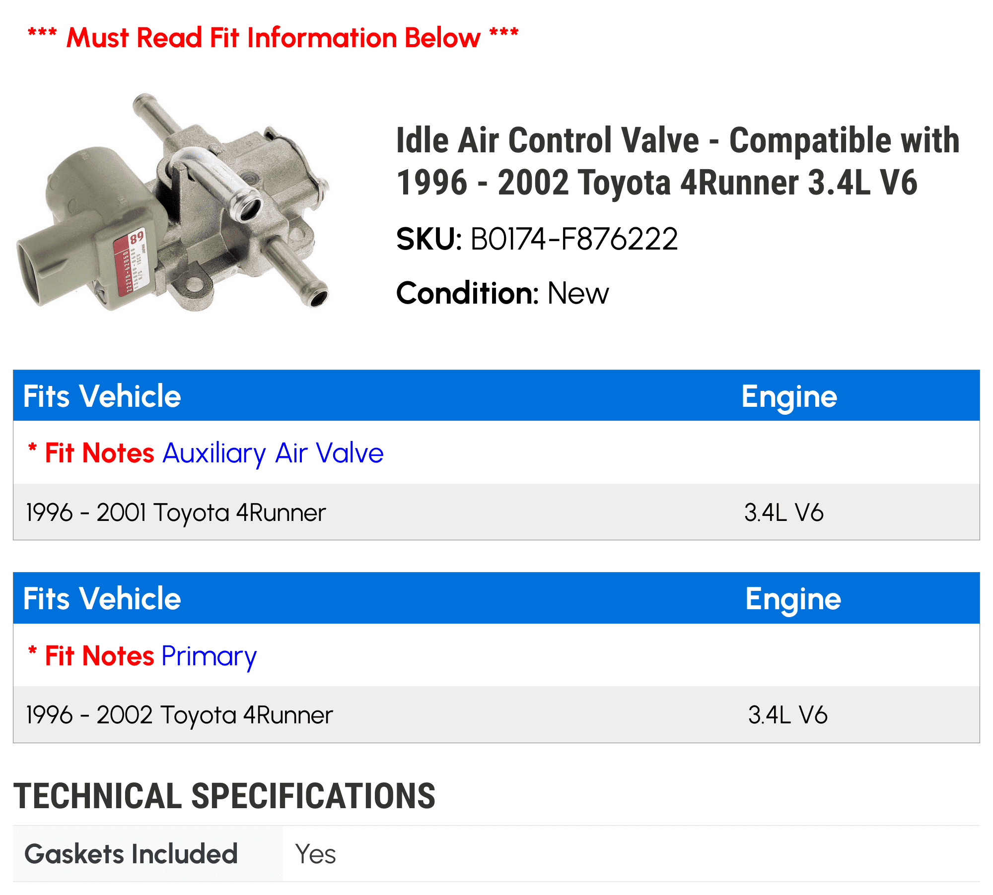 Idle Air Control Valve - Compatible with 1996 - 2002 Toyota 4Runner 3.4L V6 1997 1998 1999 2000 2001