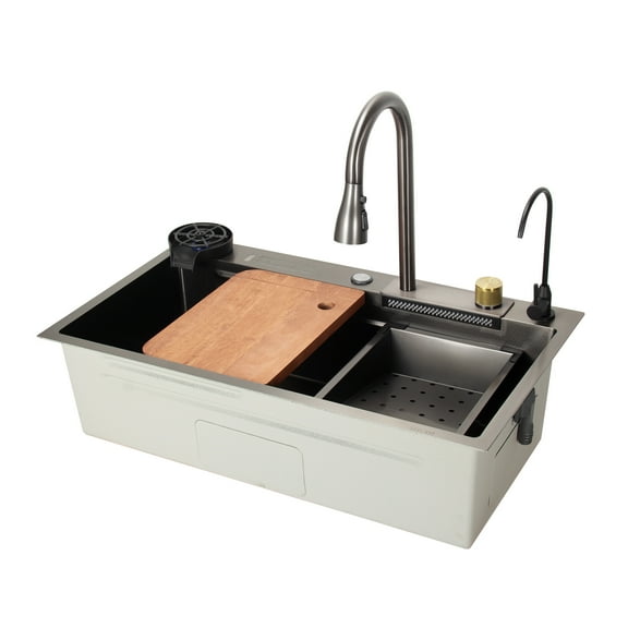 31.5" Flying Rain Stainless Steel Waterfall Kitchen Sink with Faucet Single Bowl
