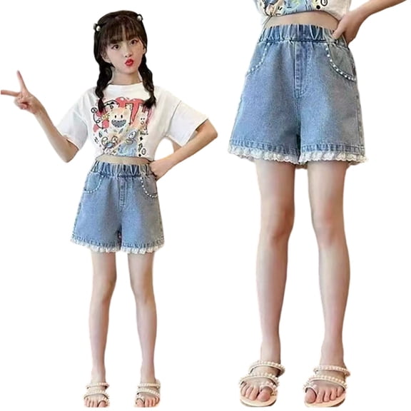 HGIEYS Girls Lace Trim Denim Jeans Shorts Elastic Waist Pull On Summer Shorts with Pockets 120