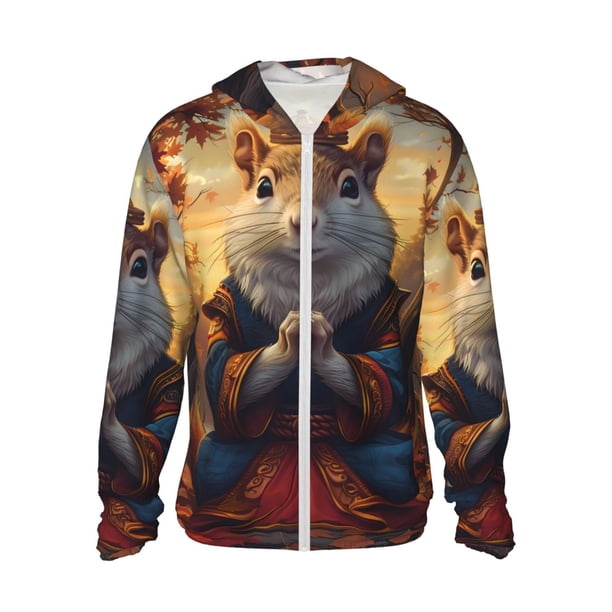 Fotbe Maple Leaf Meditating Squirrel Chaqueta con Protección Solar UPF 50+ para Hombre y Mujer, Camisa con Capucha y Bolsillos-Large