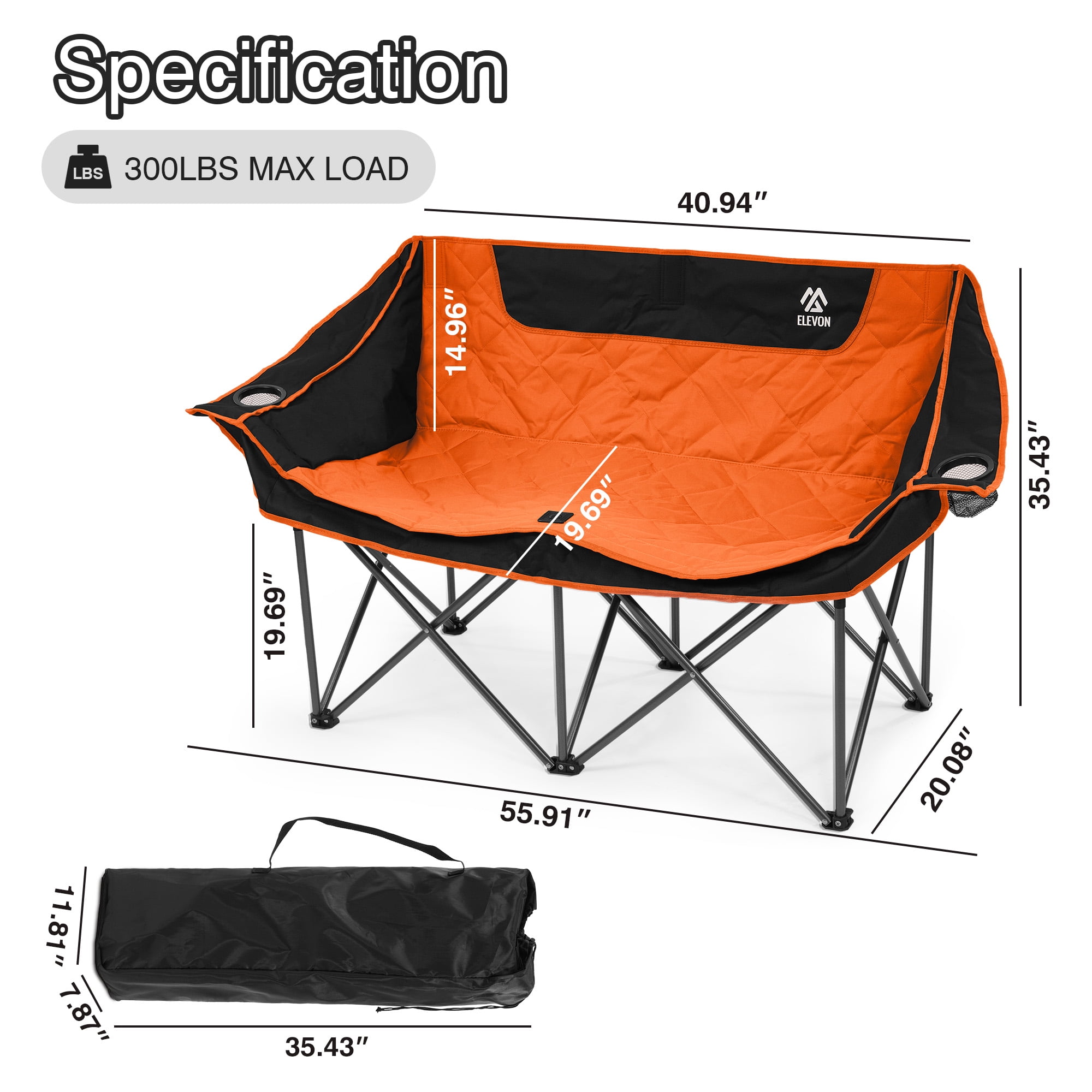 BalanceFrom Oversized Double Camping Chair，2-Person Heavy-Duty Folding Loveseat，Portable Outdoor Chair，with Armrests, Cup Holders & Carry Bag, for Camping, Picnic, Backyard