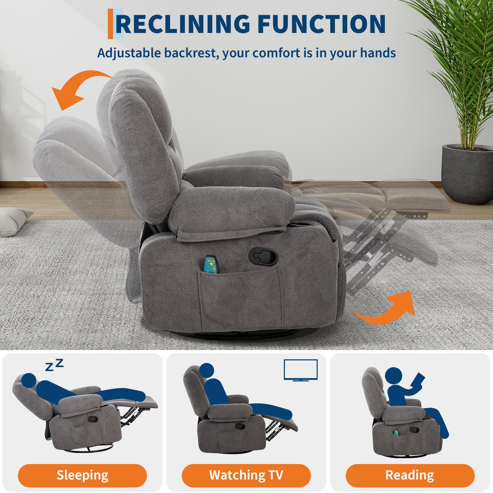Massage Recliner Chair with Vibration & Heat - 360° Swivel Rocking Recliner, Cup Holders, Side Pockets, 350 lbs Support - Ideal for Living Room, Bedroom, Home Theater