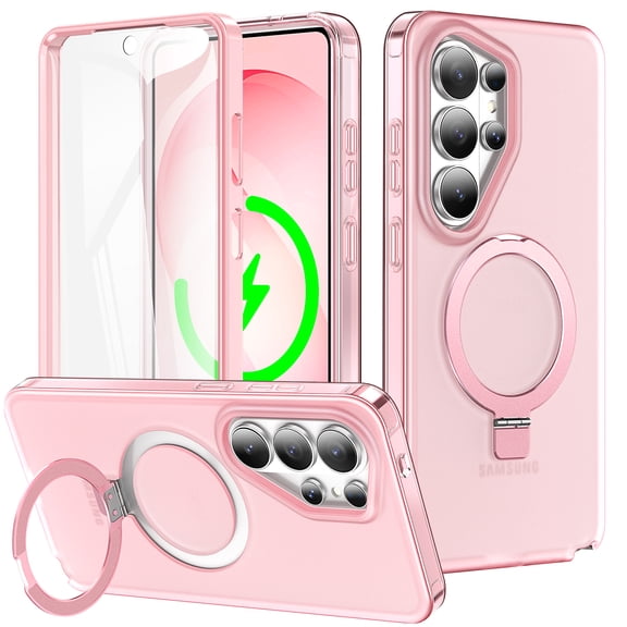 Sanwo for Samsung Galaxy S26 Ultra Case with Built-in Screen Protector, Magnetic Compatible Ring Kickstand, Shockproof Matte PC Shell with Silicone Bumper,Pink