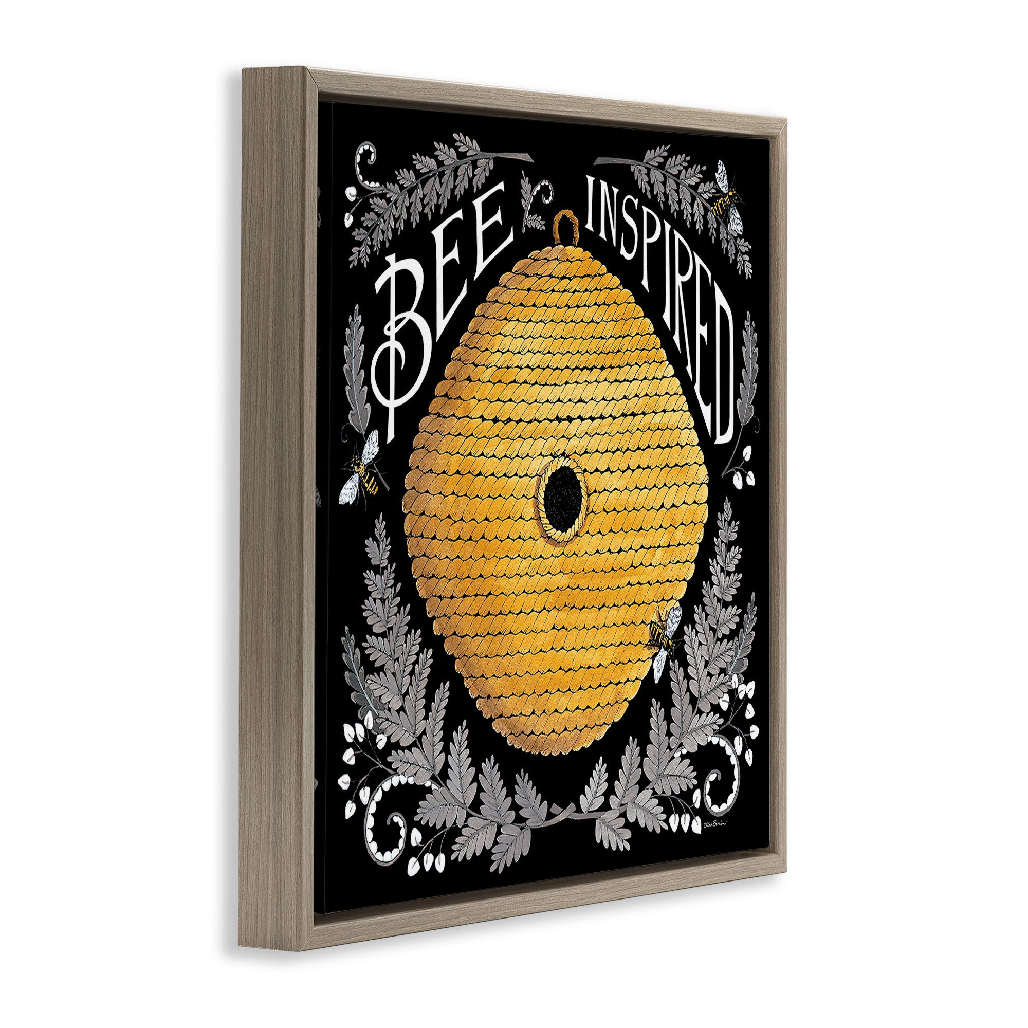 Stupell Industries Bee Inspired with Hive Plants & Flowers Painting Brown Floater Framed Canvas Art Print Wall Art, 18 x 18